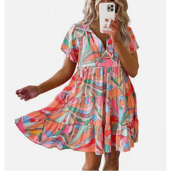 Women's Dress Summer Print Colorful Casual Pullover V-neck Dress L/XL - Picture 3 of 8